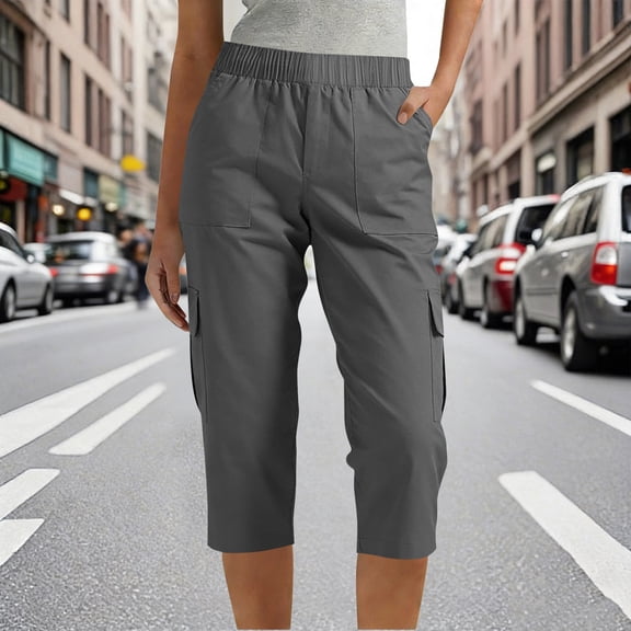 ClodeEU Women's Drawstring Cargo Capri Pants with Pockets,Casual Outdoor Hiking Cropped Trousers Gray,Womens Plus M