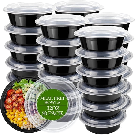 50-Pack Reusable Meal Prep Containers Microwave Safe Food Storage Containers with Lids, 28 oz - 1 Compartment Take Out Disposable Plastic Bento Lunch Box To Go, BPA Free - Dishwasher & Freezer Safe