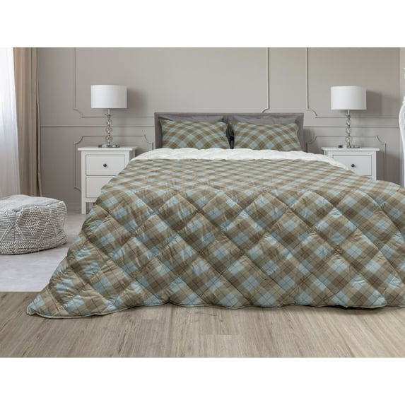 Brown Plaid Comforter & Sham Bedding Set, Bicolored Tartan Illustration Diagonal Repeats Squares, 3 pcs Duvet Set Microfiber Filling Quilt, 5 Sizes, Pale Slate Blue Dark Tan, by Ambesonne