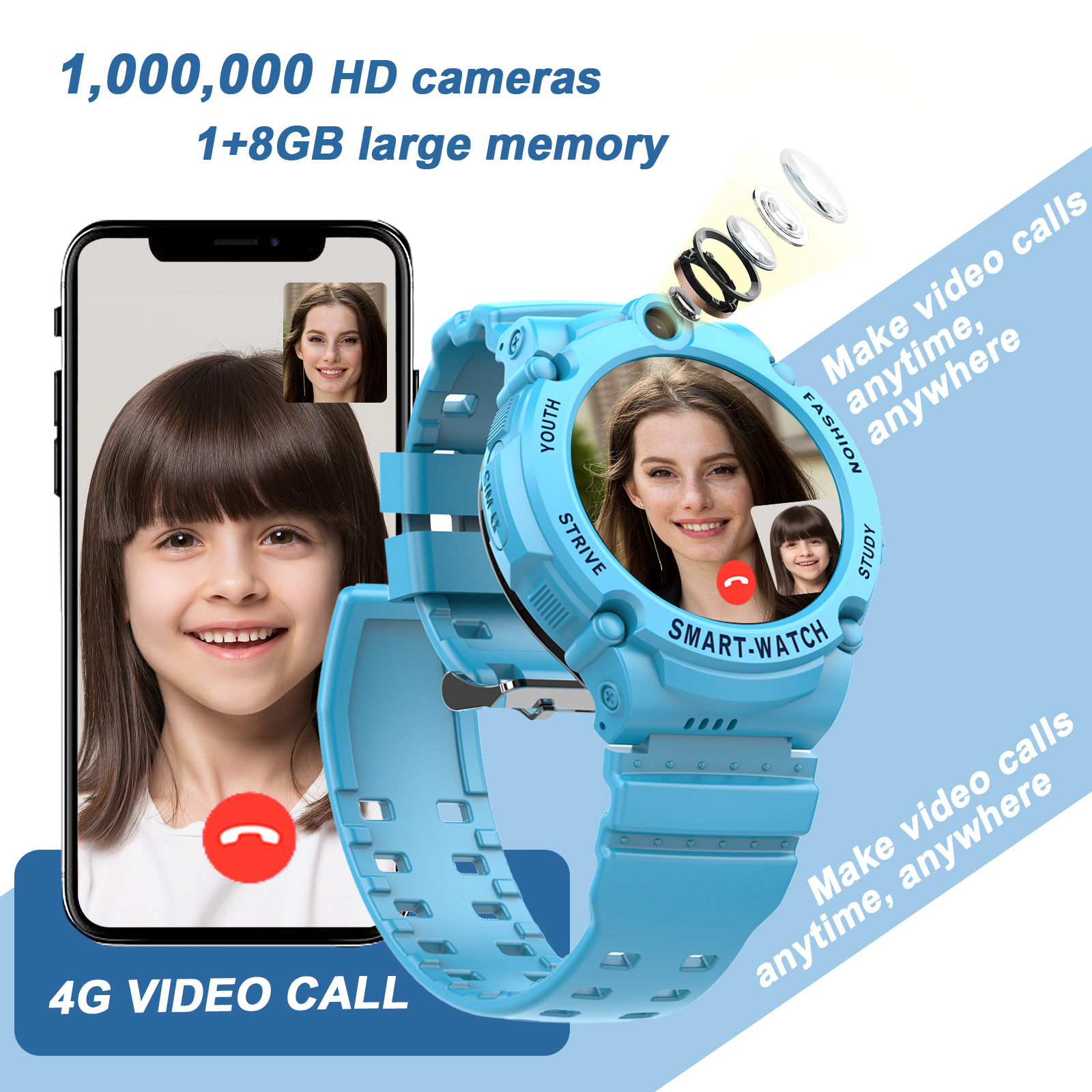 PTHTECHUS S02 Smart Watch for Boys Girls Smartwatch for Kids with 4G SIM GPS Video Call Pedometer MP3 Flashlights Calculator Alarm Clock Children Holiday Gift Blue