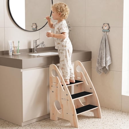 Toddler Step Stool, Wooden Height-Adjustable 3-Step Stool for Kids, Potty Training Stool with Handles and Non-Slip Pads for Bathroom Sink, Kitchen, Bedroom