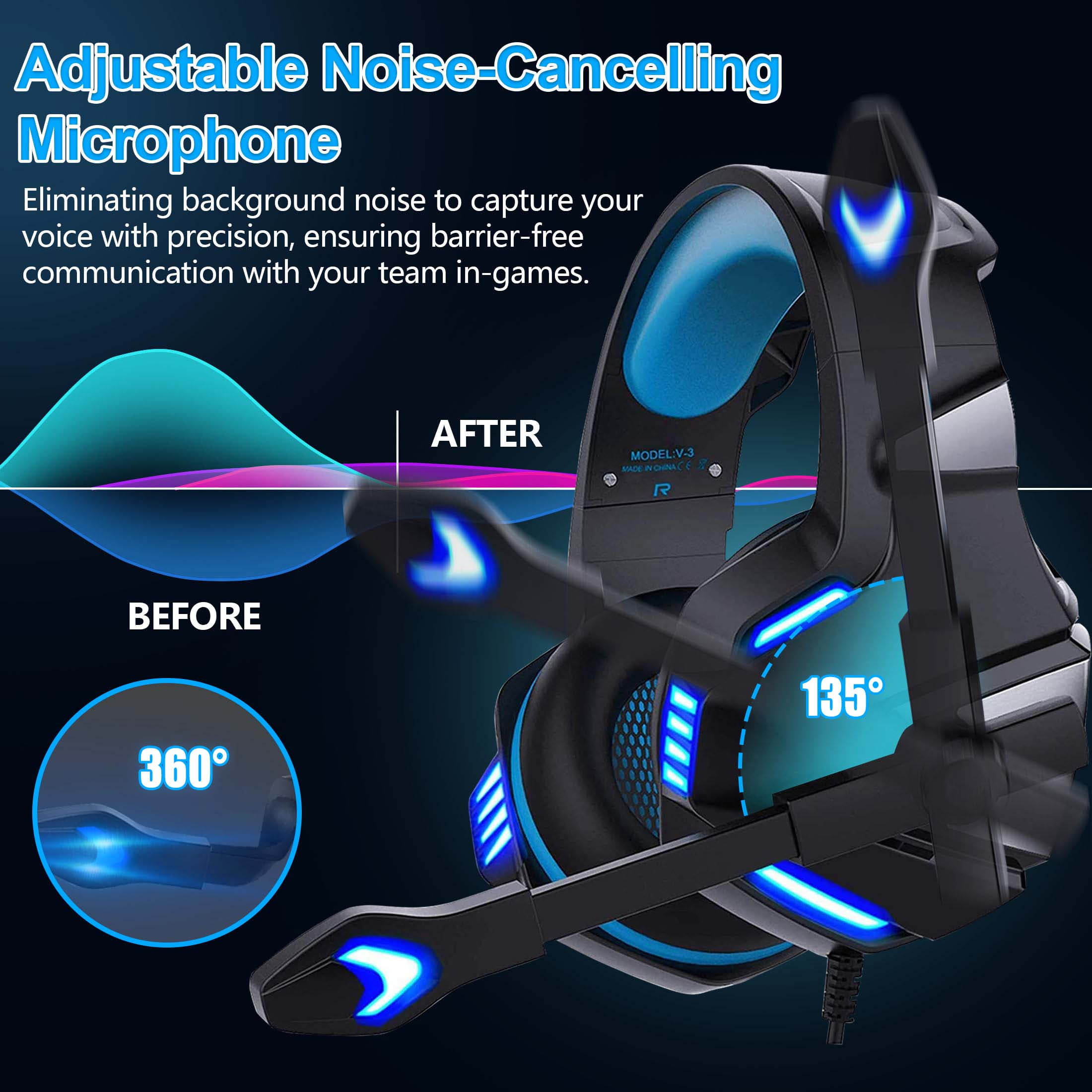 Wired Gaming Headset for PS5 PS4 PC Xbox One with Noise Cancelling Microphone, Over Ear Gaming Headphones Support Nintendo Xbox Series X|S - V3 Blue Black