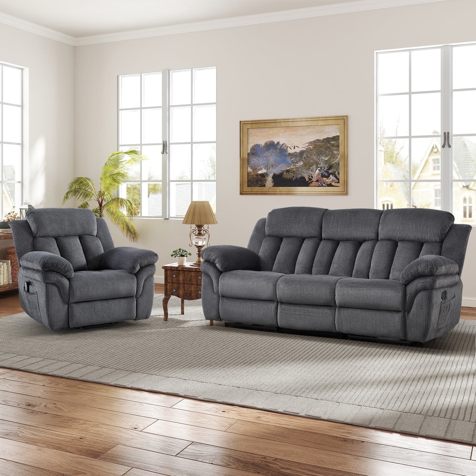 Bonzy Home 3-Seat Reclining Sofa & Power Lift Chair Set, Gray, for Living Room