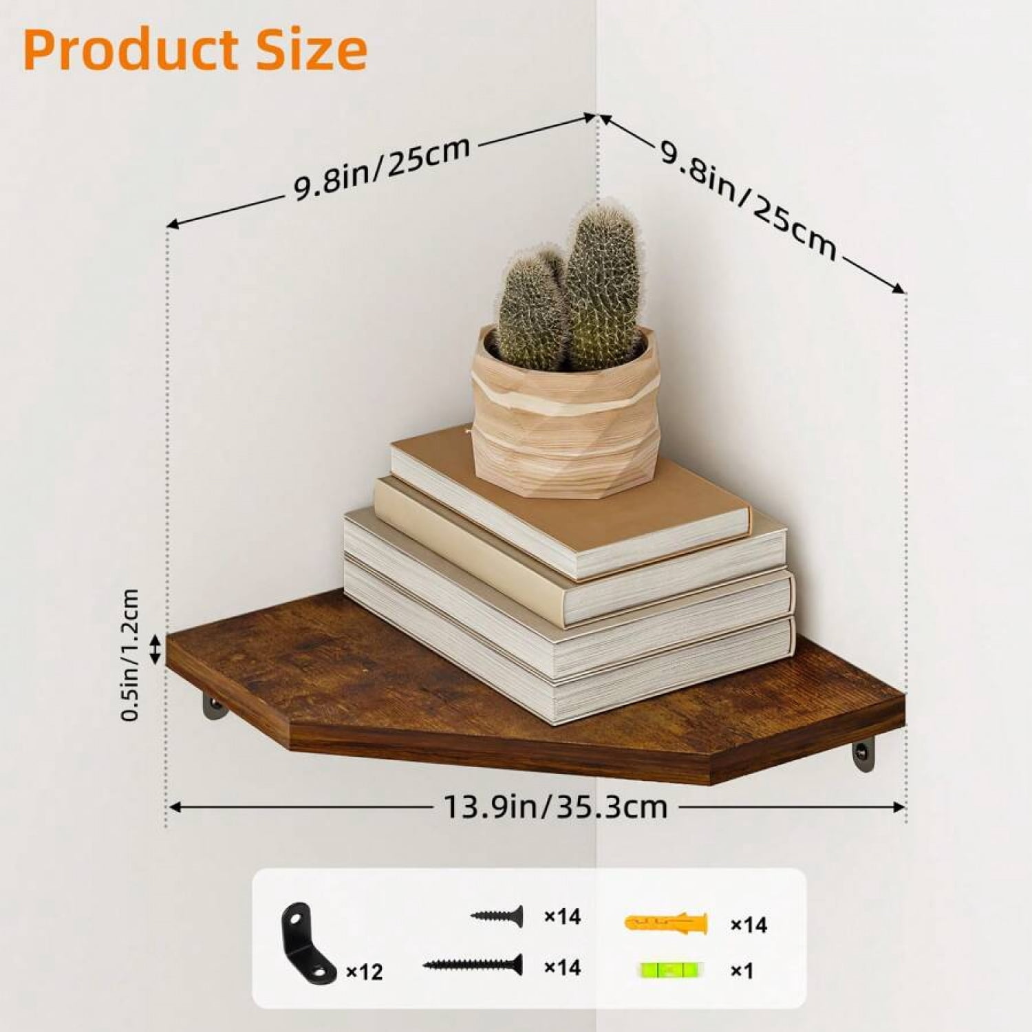 Set Of 4 Floating Corner Shelves, Rustic Wood Wall Mounted Storage & Display Shelves For Bathroom, Kitchen, Living Room & Bedroom Organization