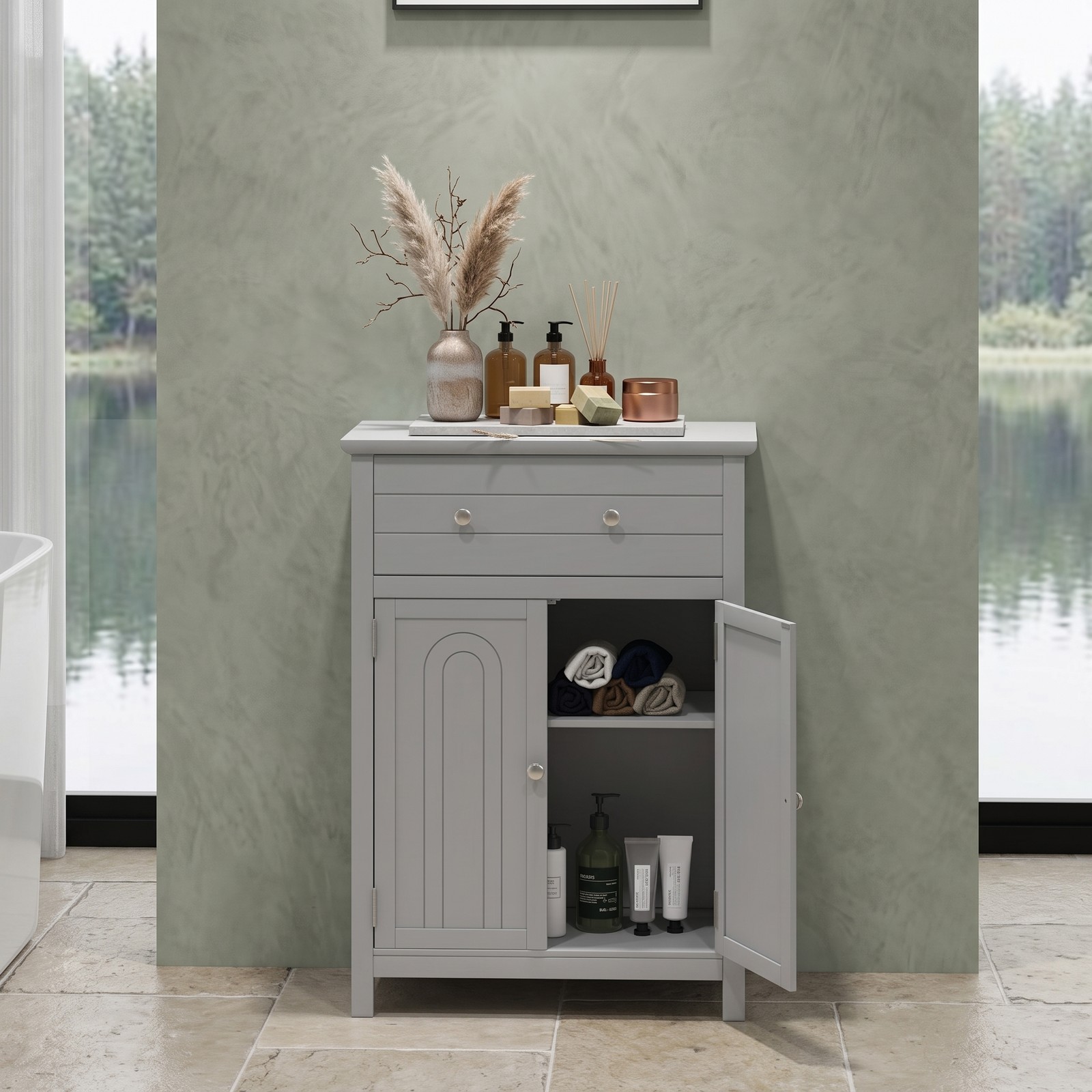 Fenbeli Wooden Bathroom Floor Cabinet, Free Standing 2-Door Storage Cabinet with Drawer and Adjustable Shelf, Waterproof MDF Side Organizer for Bathroom Living, Gray