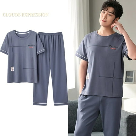 

QWZNDZGR Summer Knitted Cotton Mens Pyjamas Casual Short Tops Lattice Long Pants Sets V-neck Pajamas Fashion Men Sleepwear 5XL Homewear