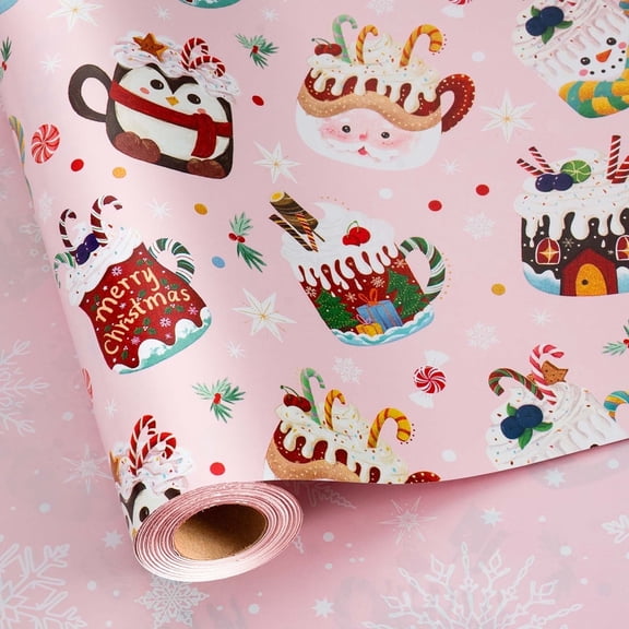 HOMERAL Christmas Wrapping Paper Roll - Pink Gift Wrap with Christmas Cup, Candy, Snowflake - Perfect for Christmas - 17 Inch X 33 Feet