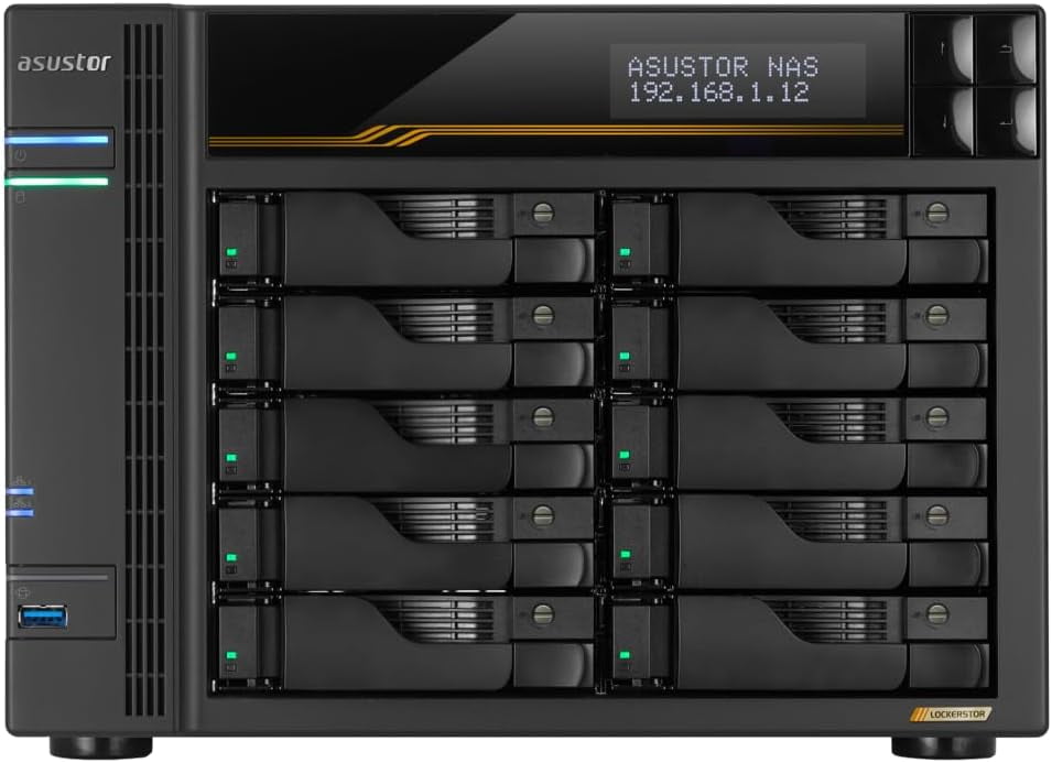 Asustor AS6810T Lockerstor 10 Gen3 10 Bay NAS,Quad-Core 2.3GHz CPU,2x10GbE Ports,16G ECC DDR5,4x M.2 SSD Slots (Diskless)