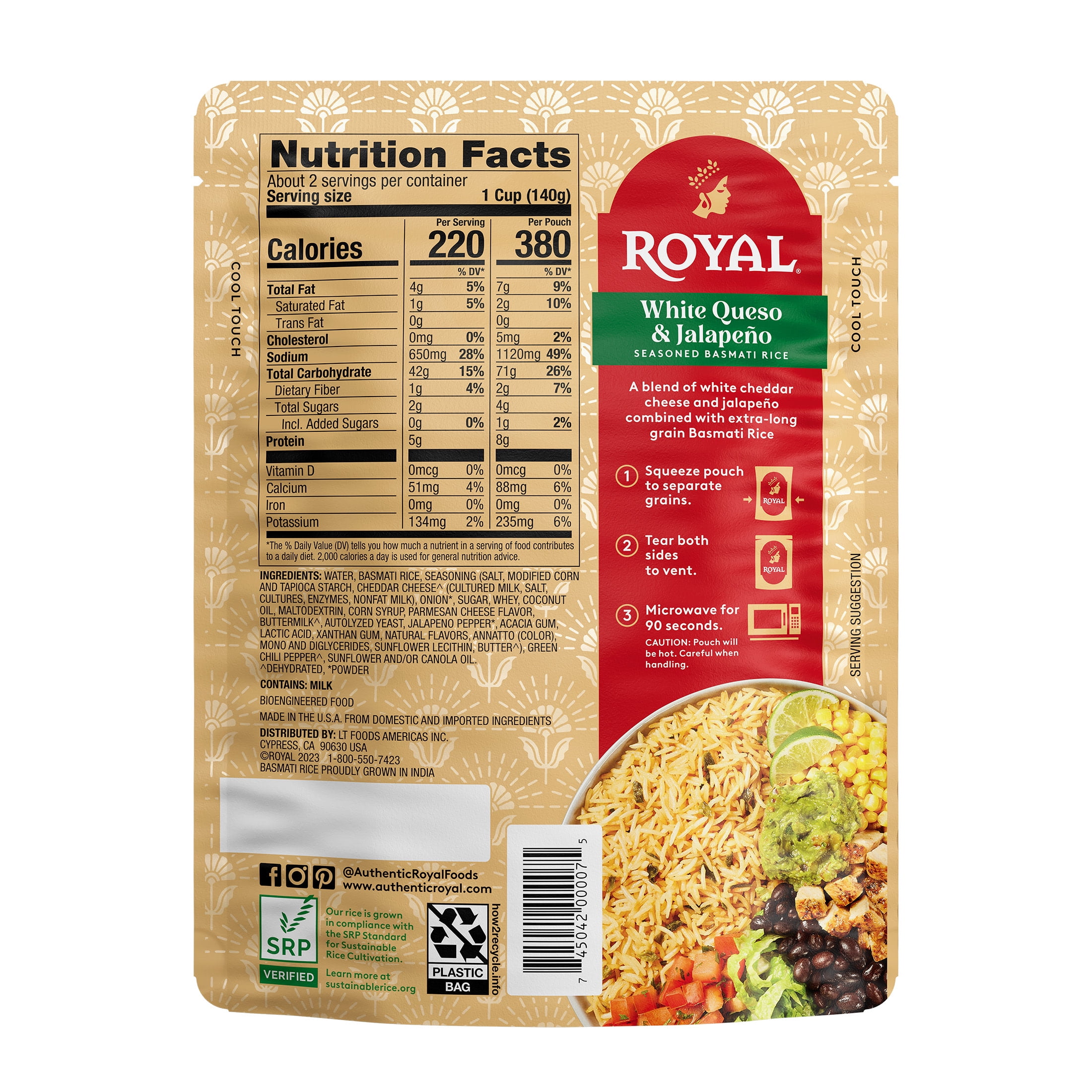 (2 pack) Royal White Queso & Jalapeno Basmati Rice - Ready to Heat Basmati Rice - 8.5 oz Microwaveable Pouch