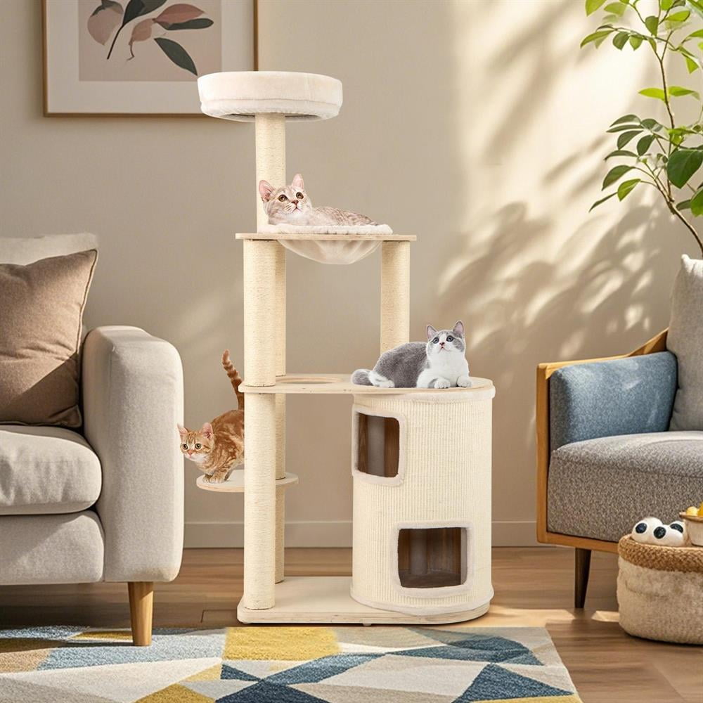 Choco Moon 60" Tall Cat Tree w/2-Story Condo & Sisal Posts, Cat Climbing Tower, Corner Cat Tree, Cat Condos for Indoor Cats-Natural