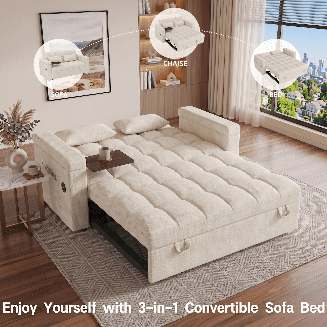 Xiweot 65" Sleeper Sofa Bed, 3-in-1 Convertible Chenille Futon Couch, Loveseat Sofa with Adjustable Backrest, Pull out Couch with Storage Armrest & Pillows for Living Room Apartment (Biege)