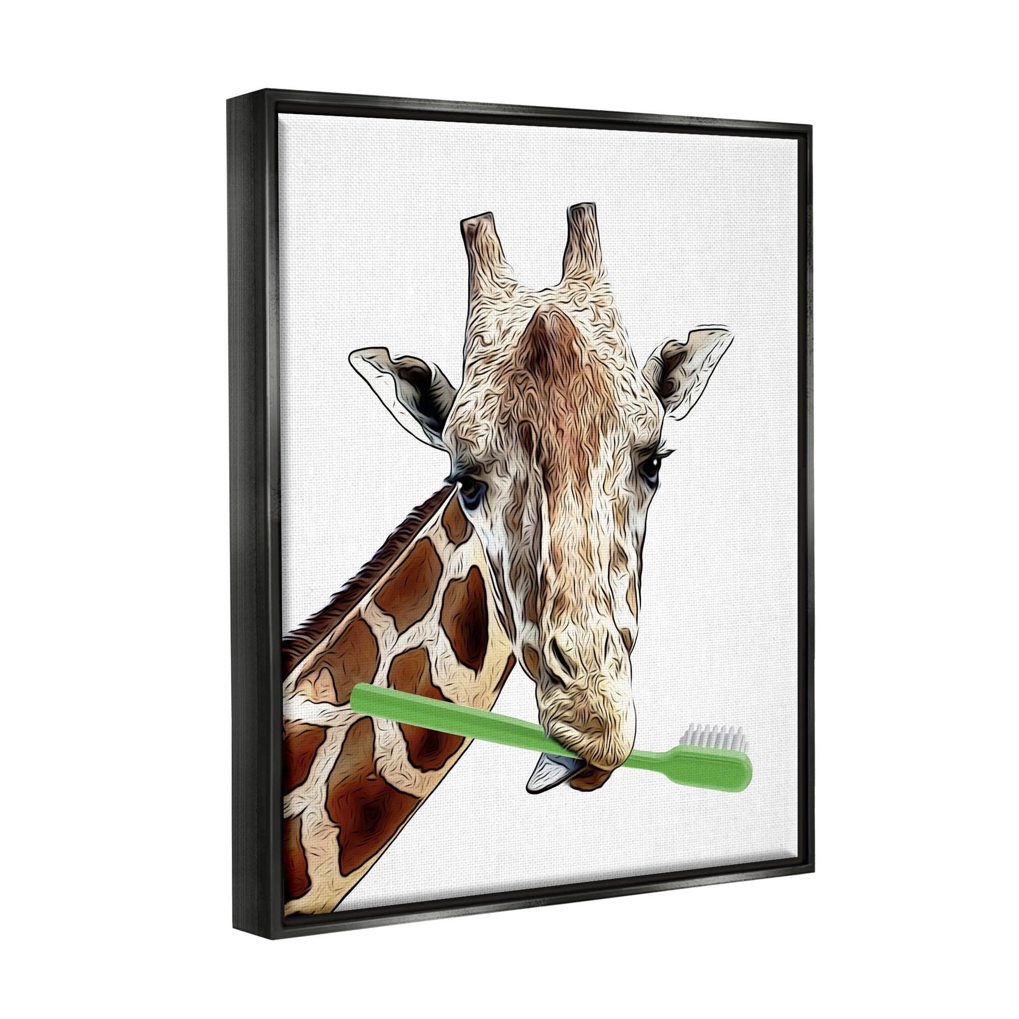 Stupell Industries Giraffe Green Toothbrush Bathroom Animals & Insects Painting Black Floater Framed Art Print Wall Art