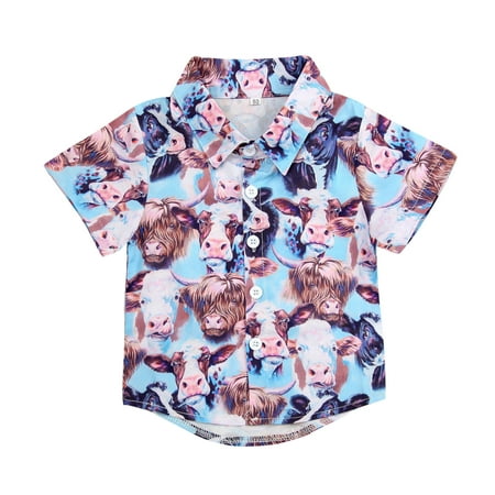 

Toddler Boys Short Sleeve Shirt Tops Coat Outwear For Baby Clothes Cow Printed Blue