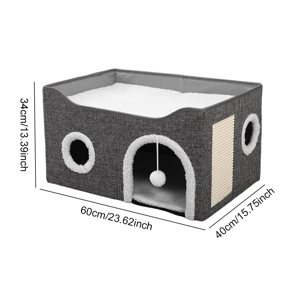 Large Cat Bed Cave Cat Hideaway, Foldable Cat Scratcher House, Big Cat Bed for Idoor, Cute Cave with Ball Toy, Fabric Pet Furniture, Big Condo for Multi Small Pet Large Kitten Kitty