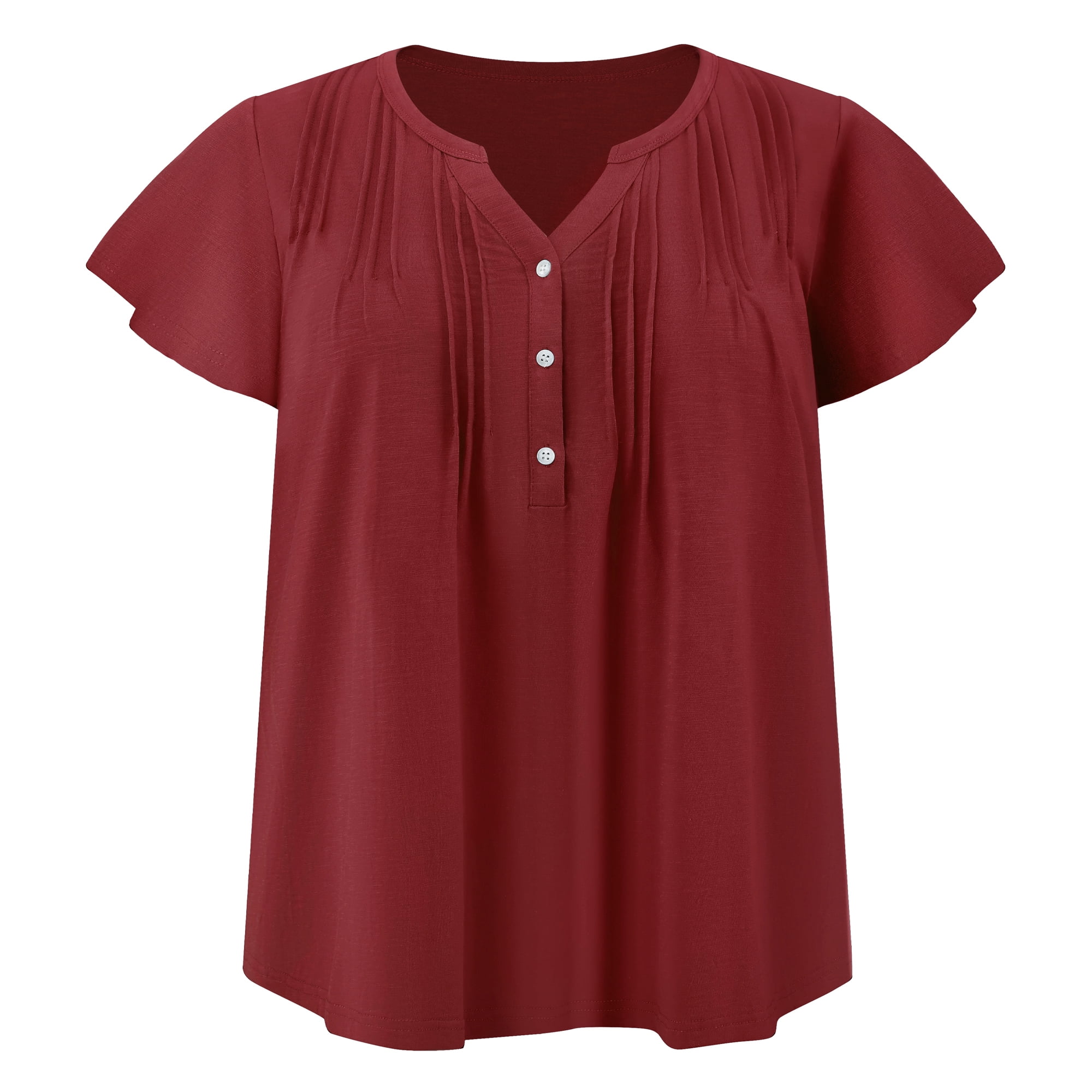 DARING DIVA Women's Plus Women's Tops Button Notch Neck Ruffle Sleeve Blouse 1X ‌Burgundy‌
