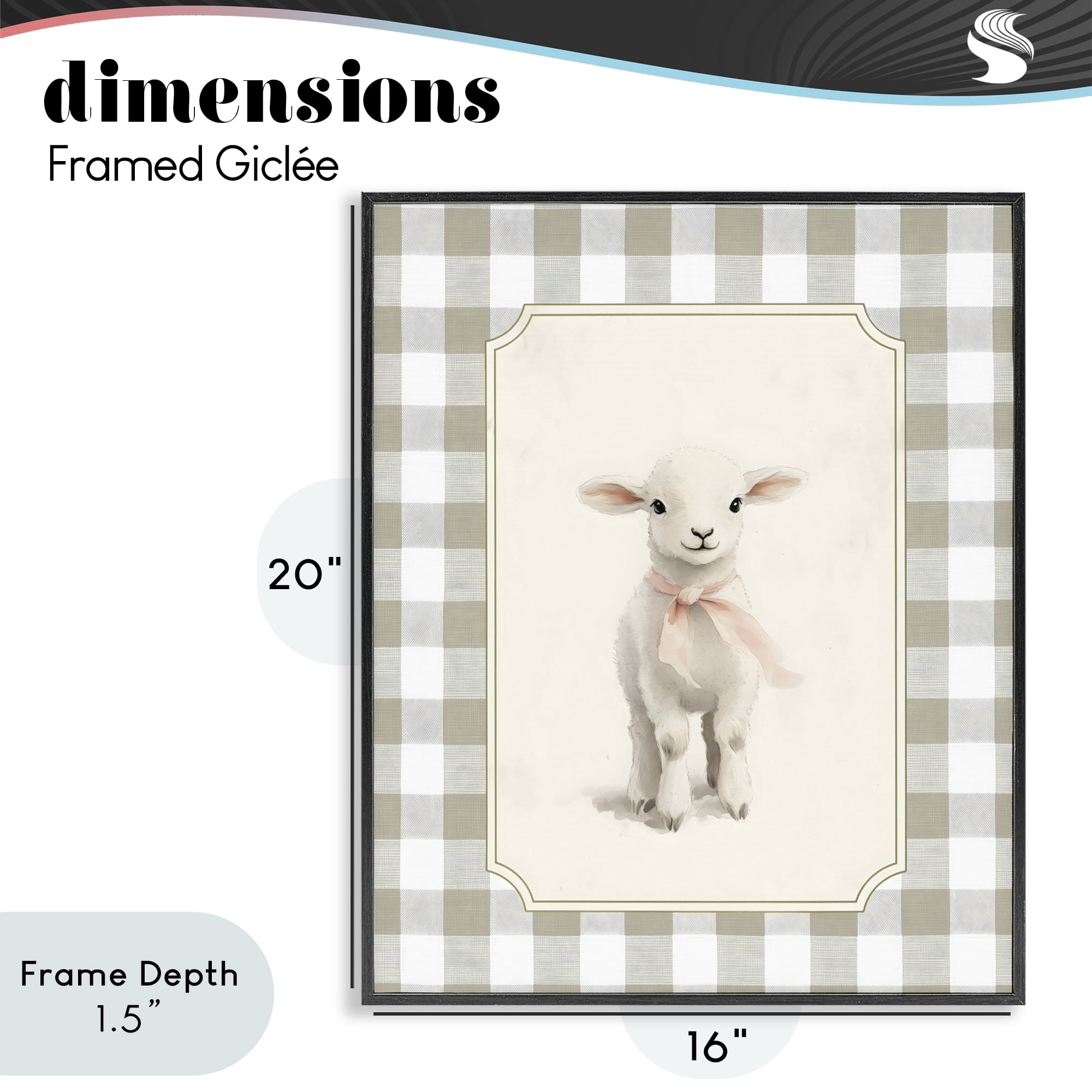 Stupell Industries Gingham Lamb with Pink Ribbon Black Framed Giclee Art, design by Arlington Prints