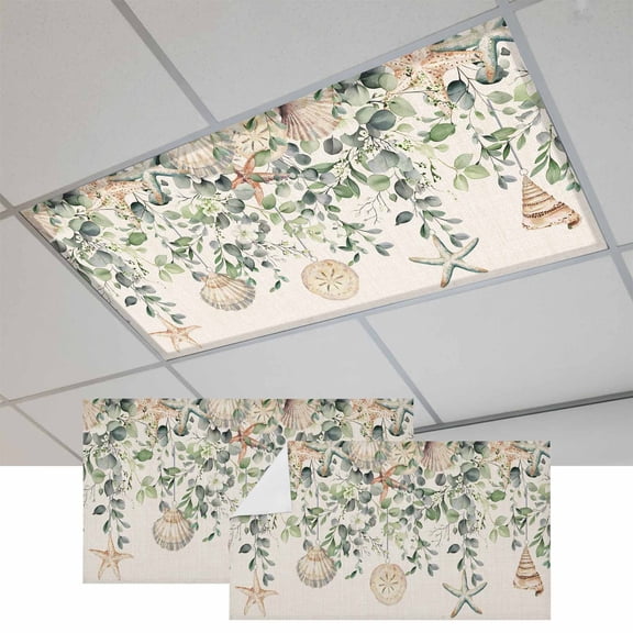 Green Coastal Fluorescent Light Covers, Eucalyptus Leaves Summer Beach Starfish Rustic Magnetic Light Covers for Ceiling Lights, Fluorescent Ceiling Shade for Classroom Bedroom Office 4x2Ft x 2PCS
