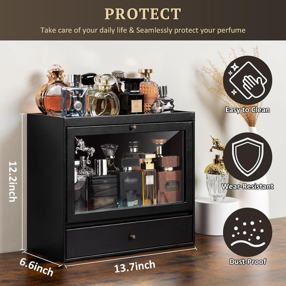 Leather Cologne Organizer with Drawer, Large Capacity Perfume Stand for Dresser, Dustproof Display Holder, Elegant Gift for Men