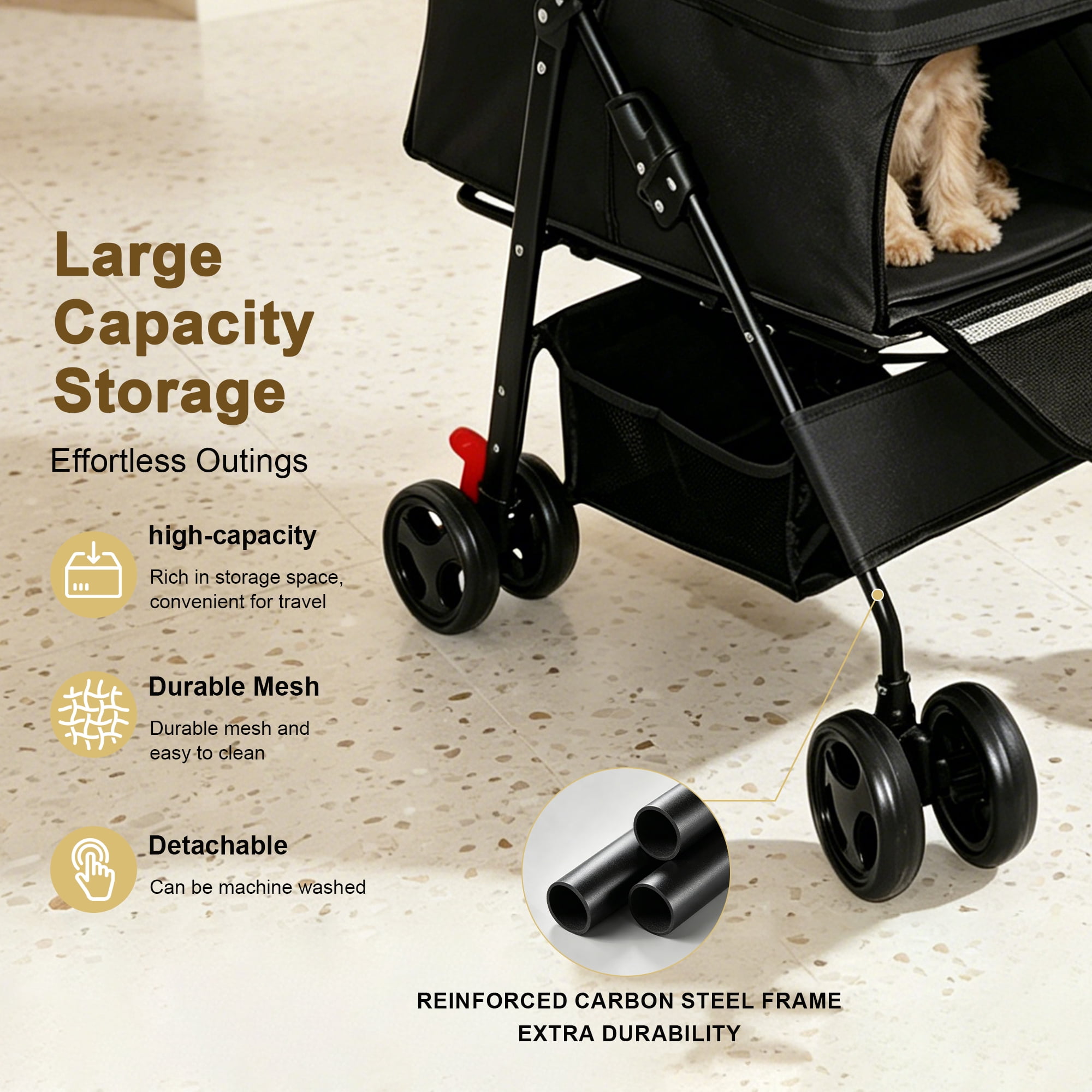 Foldable 4 Wheels Pet Stroller for Small Dogs and Cats, Pet Rolling Carrier with Storage Basket & Breathable Mesh