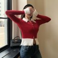 thumbnail image 4 of Cárdigan de retazos con cuello vuelto de Rimocy para mujer, cárdigans de moda coreana con cremallera, jerséis ajustados de manga larga elegantes para mujer, 4 of 6