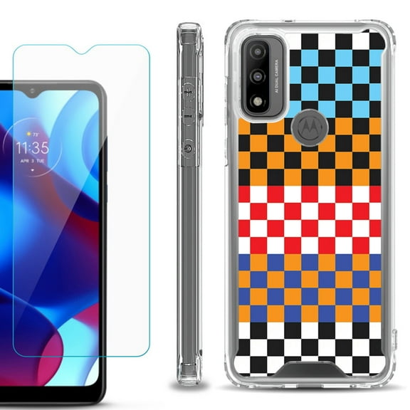 Shockproof Bumper Phone Case for Motorola Moto G Pure, with Tempered Glass Screen Protector, by OneToughShield ® - Colorful Checker