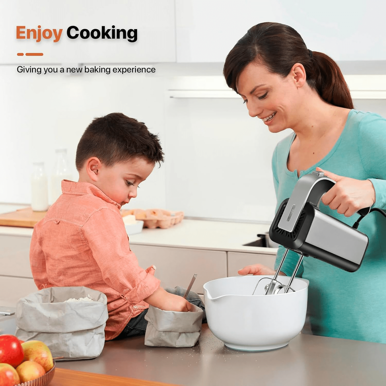 5-Speed Electric Hand Mixer with Whisk, Traditional Beaters, Dough stick, 300 Watts, for Baking & Cooking, Black
