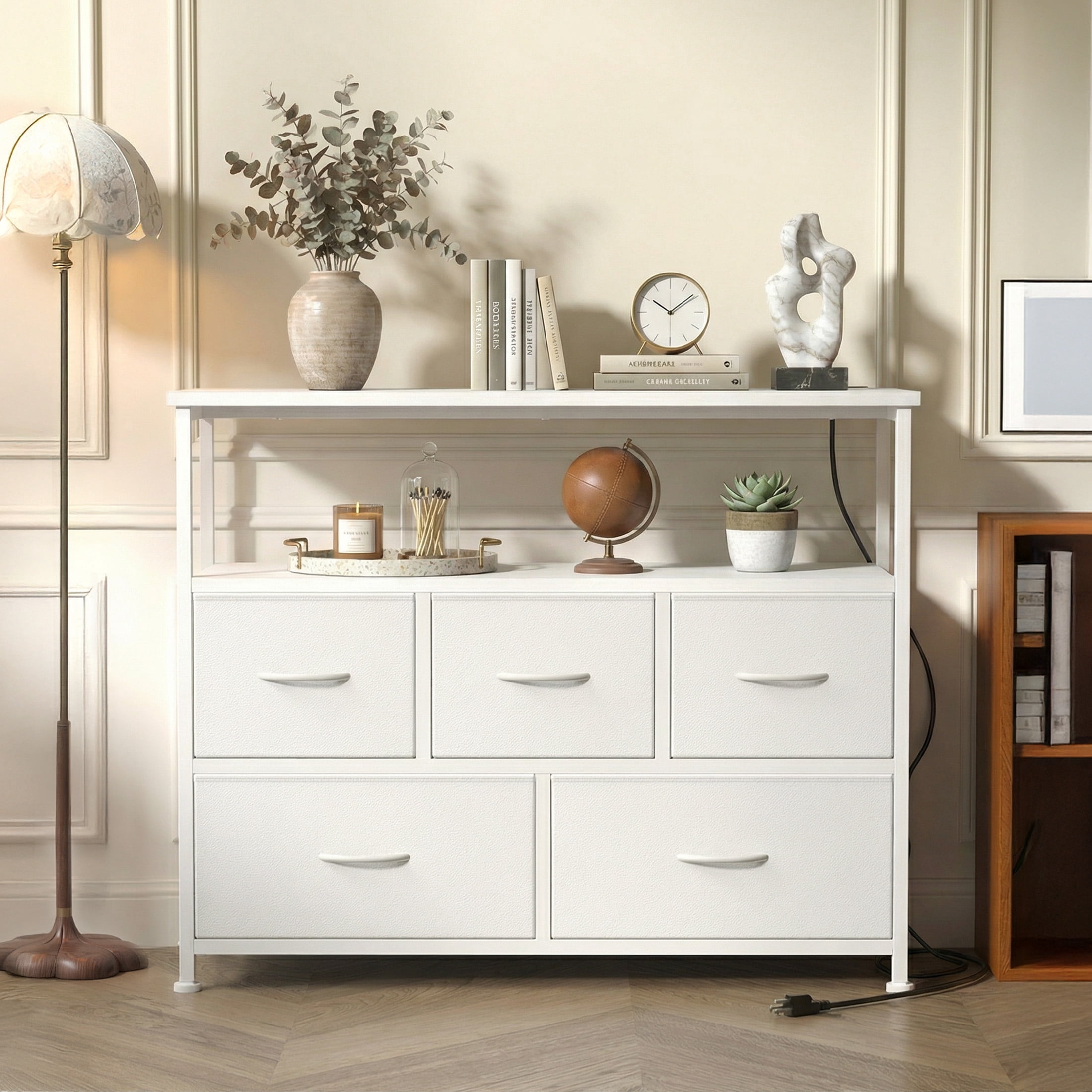 edx 5 Drawers TV Stand Dresser for 45" TV, Media Console with Charging Station & 2 Open Shelves, Storage Organizer for Bedroom Living Room, White