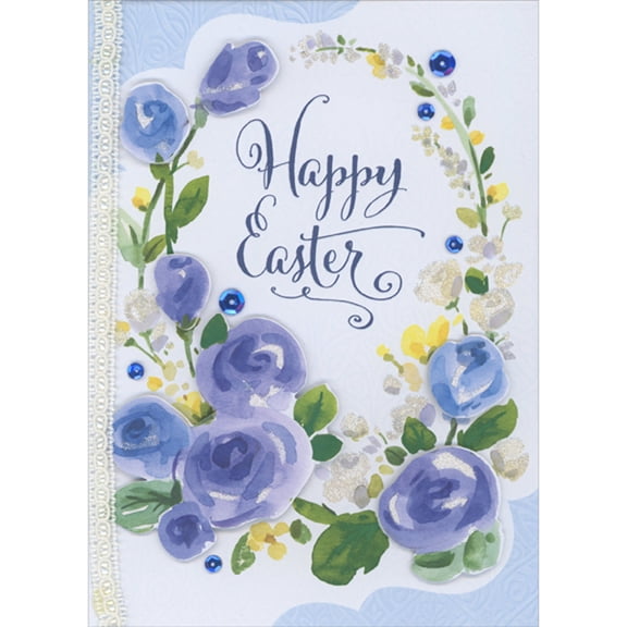 Designer Greetings Purple and Blue 3D Die Cut Flowers, Blue Sequins and White Looped Ribbon Hand Decorated Easter Card