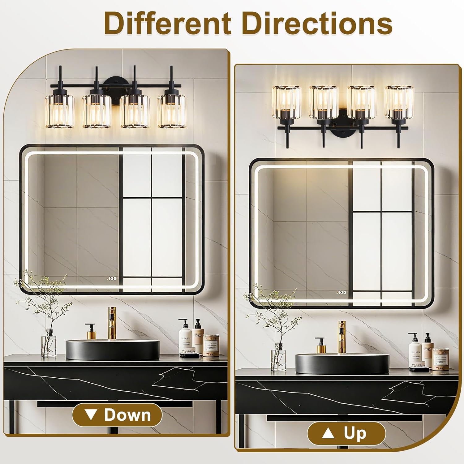 NATYSWAN 4 Light Round Crystal Vanity Lights, Modern Black Crystal Wall Light Bath Mirror Light Fixture Over Mirror Bathroom Wall Sconces for Bathroom Living Room