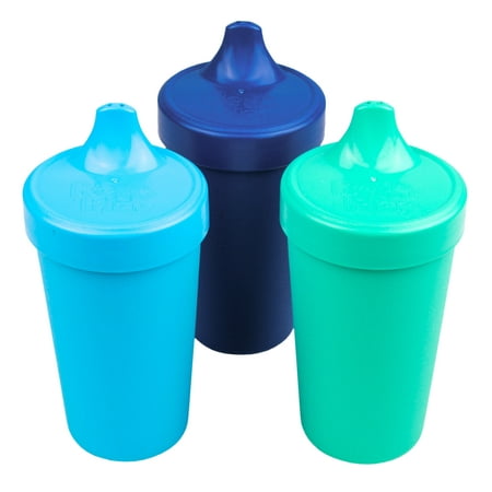 Re-Play Made in the USA 3pk Toddler Feeding No Spill Sippy Cups for Baby, Toddler, and Child Feeding - Sky Blue, Navy Blue, Aqua (True Blue)  Durable, Dependable and Tough Toddler Sippy (Best Baby Feeding App 2019)