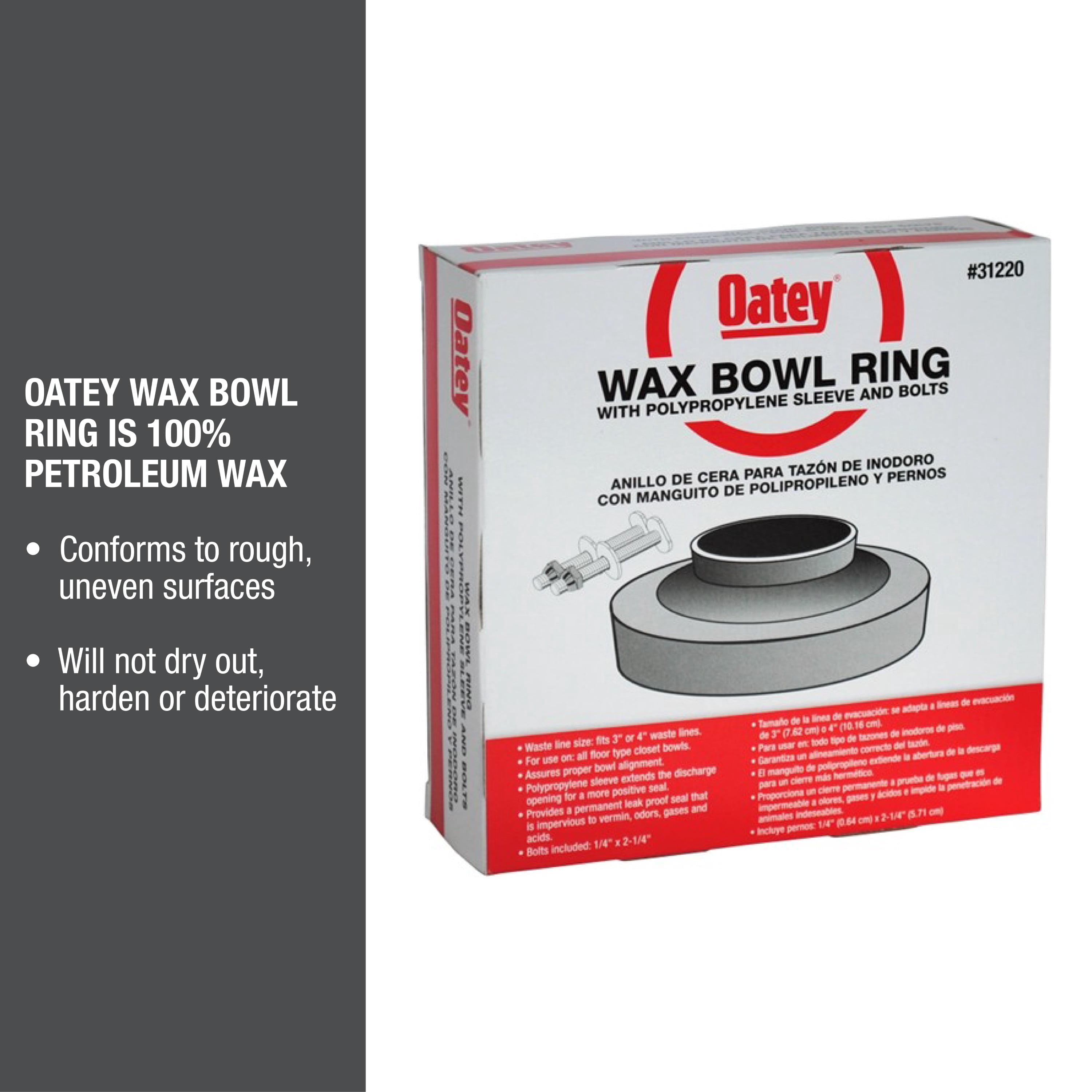 (3 pack) Oatey Leak-Proof Petroleum Toilet Wax Bowl Ring with Polyethylene Sleeve and Bolts, 1-Pack