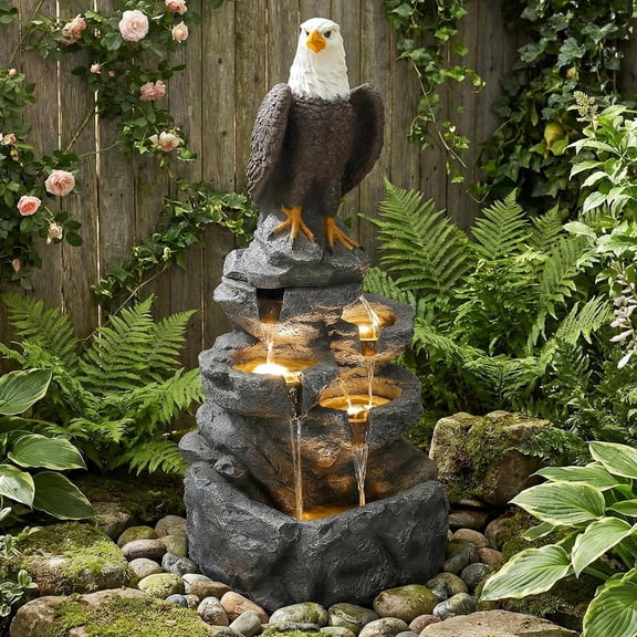 HOMEDIARY 39.1" H Outdoor Water Fountain, 4-Tier Cascading Waterfall Fountain with LED & Adjustable Pump, Garden Water Feature with Bald Eagle Statue, Natural Rock Finish for Patio, Backyard & Indoor