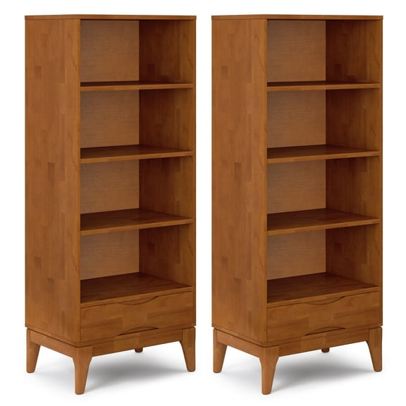 Harper 24W 4 Shelf Bookcase with Drawer (Set of 2) in Teak Brown