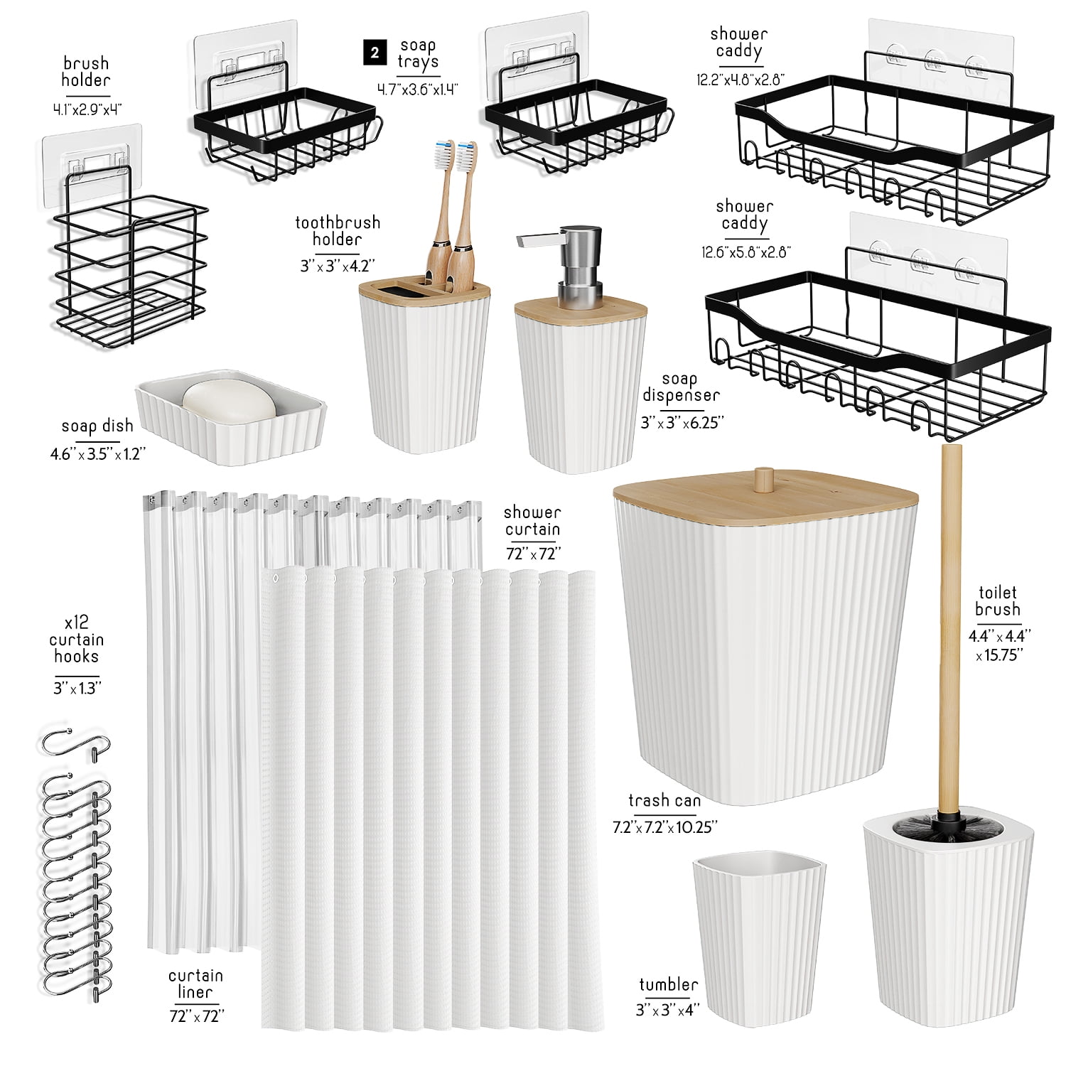 Lammaloe White Bathroom Accessories Sets and Shower Caddy for Bathroom Sets with Shower Curtain Sets for Bathroom Decor with Toothbrush Holder