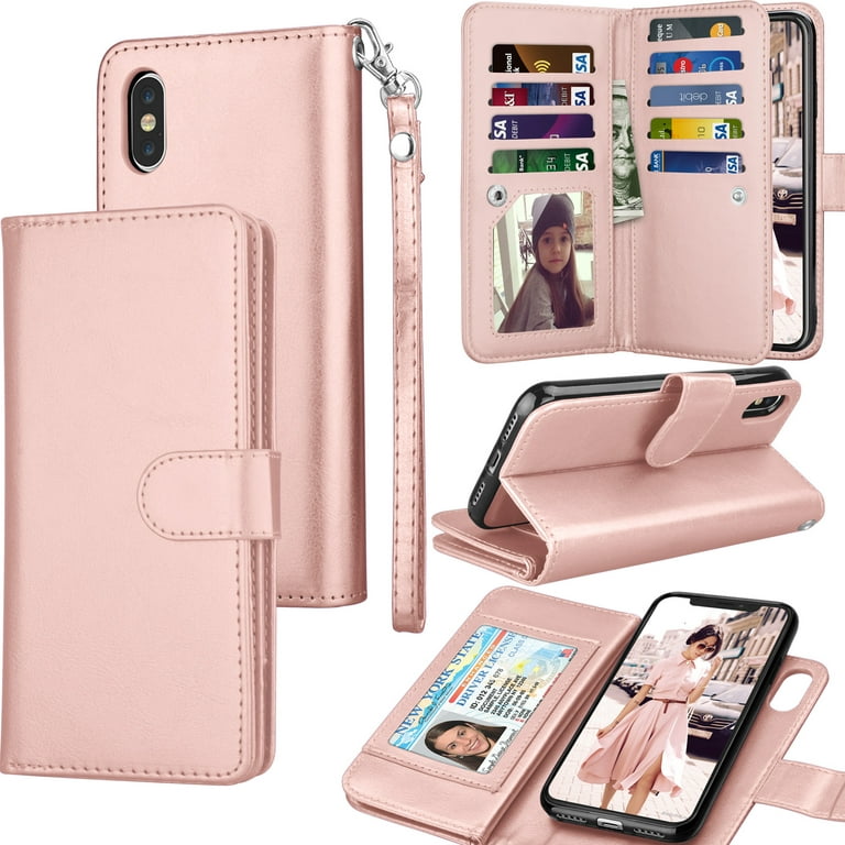iPhone Xs Max / iPhone XS / iPhone X / iPhone XR Wallet Case Cover, Pu  Leather ID Cash Credit Card Slots Holder Carrying Folio Flip Cover  [Detachable Magnetic Hard Case] Kickstand 