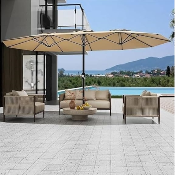EastVita 15FT Patio Umbrella with Base Double-Sided Rectangular Outdoor Umbrella Ideal for Backyard Garden Deck Swimming Pool Beige