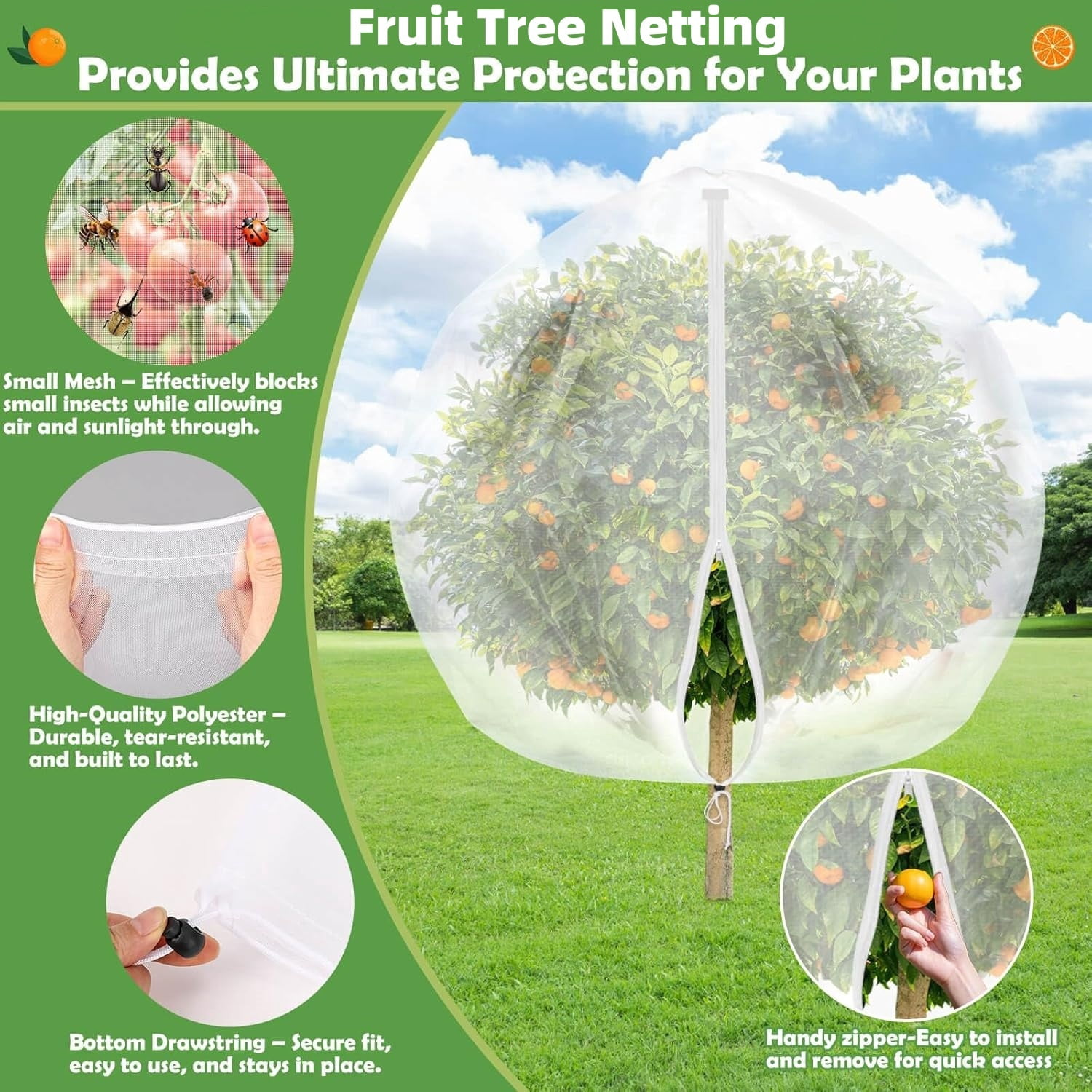 LQQBOX 1 Pack 6.56 x 7.87 FT Fruit Tree Netting Bags Garden Plant Protector with Zipper and Drawstring Blueberry Bushes Netting Covers Plant Protection Mesh Net Bags from Insect Bug Cicada