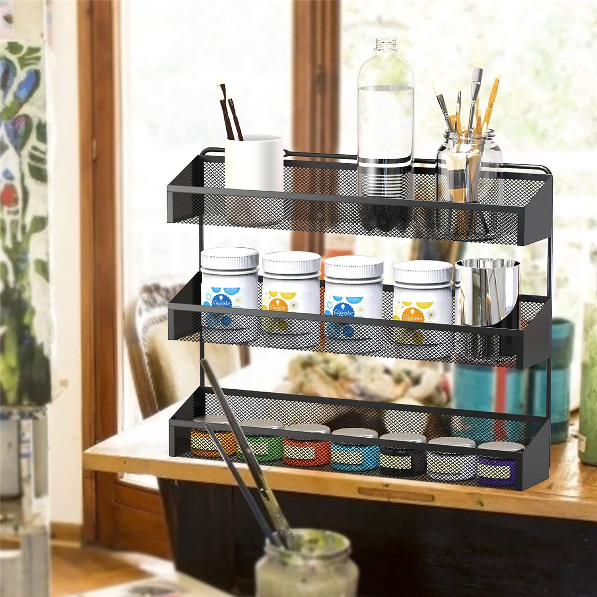 Auledio 2 Pack Spice Rack Organizer, 3 Tier Counter-top Stand or Wall Mounted Storage Rack Hanging Shelf for Kitchen Cabinet, Cupboard, Pantry Door Bathroom Shower Cosmetic (Black)