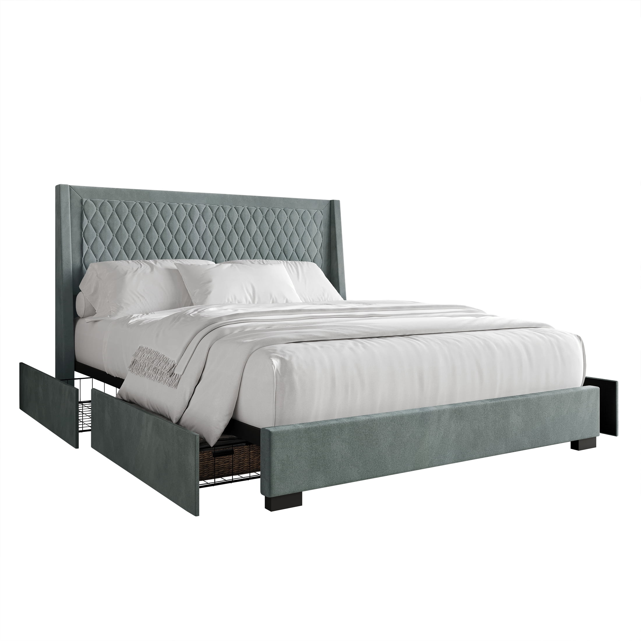 Castle Place Elegant Retreat Diamond Stitch Velvet King Platform Bed with Storage Drawers, Light Blue