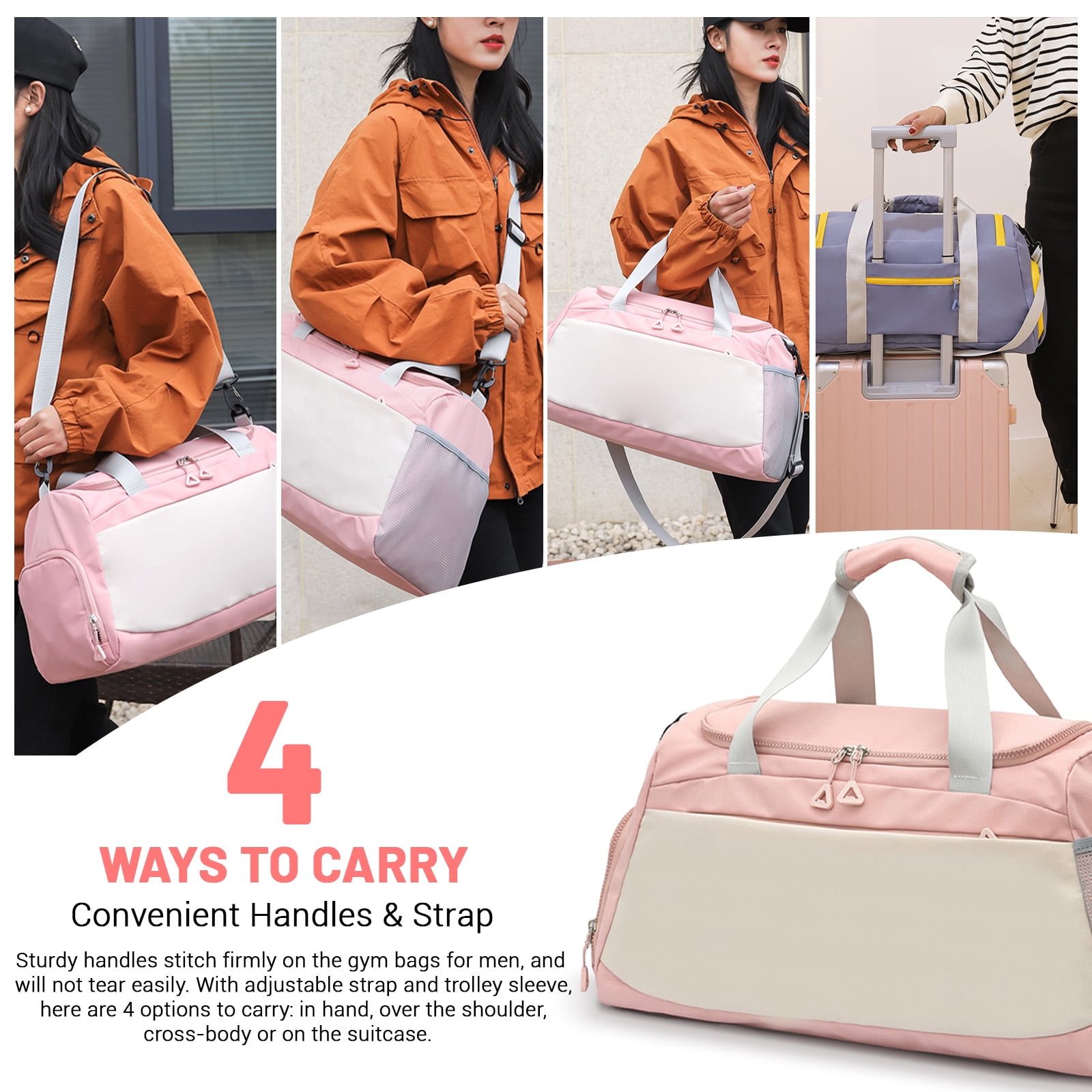 Sports Gym Bag with Wet Pocket & Shoe Compartment, Waterproof Travel Duffel Bags for Women Men, Weekender Carry on Overnight Tote Workout Bag for Yoga Swimming Hospital (Pink)