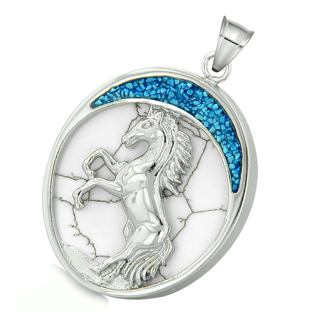 Courage Horse Wild Moon Mustang Protection Amulet Simulated White Turquoise Pendant 18 Inch Necklace 