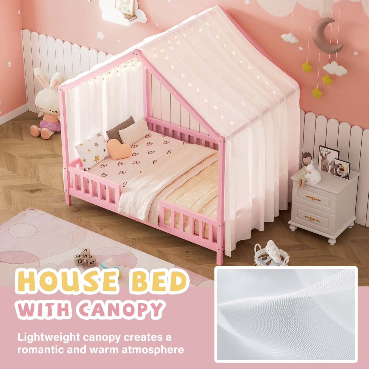 Full Size Montessori Floor Bed with Canopy, Wooden House Shape Bed with High Railings and Roof, Floor Bed Frame with Reinforced Slats Support, No Box Spring Needed, House Beds for Kids, Girls, Pink