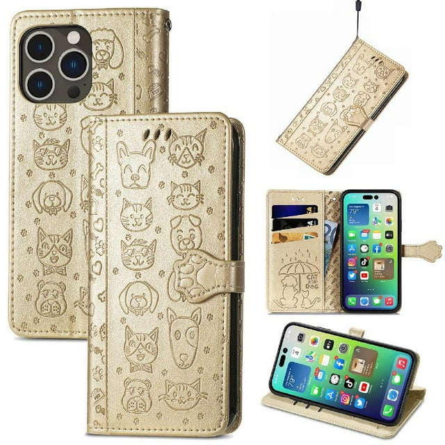 Funda Cartera FOXDOCK para iPhone 14 Pro , Flip PU con Relieve de Gatos y Perros, Tarjetero y Soporte