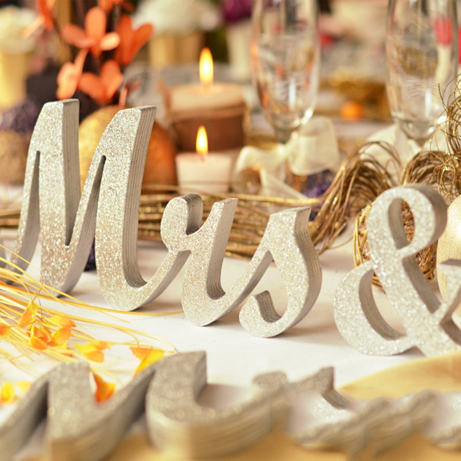 Large Wooden Mr Mrs Silver Shining Standing Letters Plaque Sign