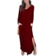 thumbnail image 1 of Vestido de manga larga con abertura lateral, cuello en V, bolsillo, dobladillo irregular, vestido largo de color puro para mujer, rojo vino M, 1 of 5
