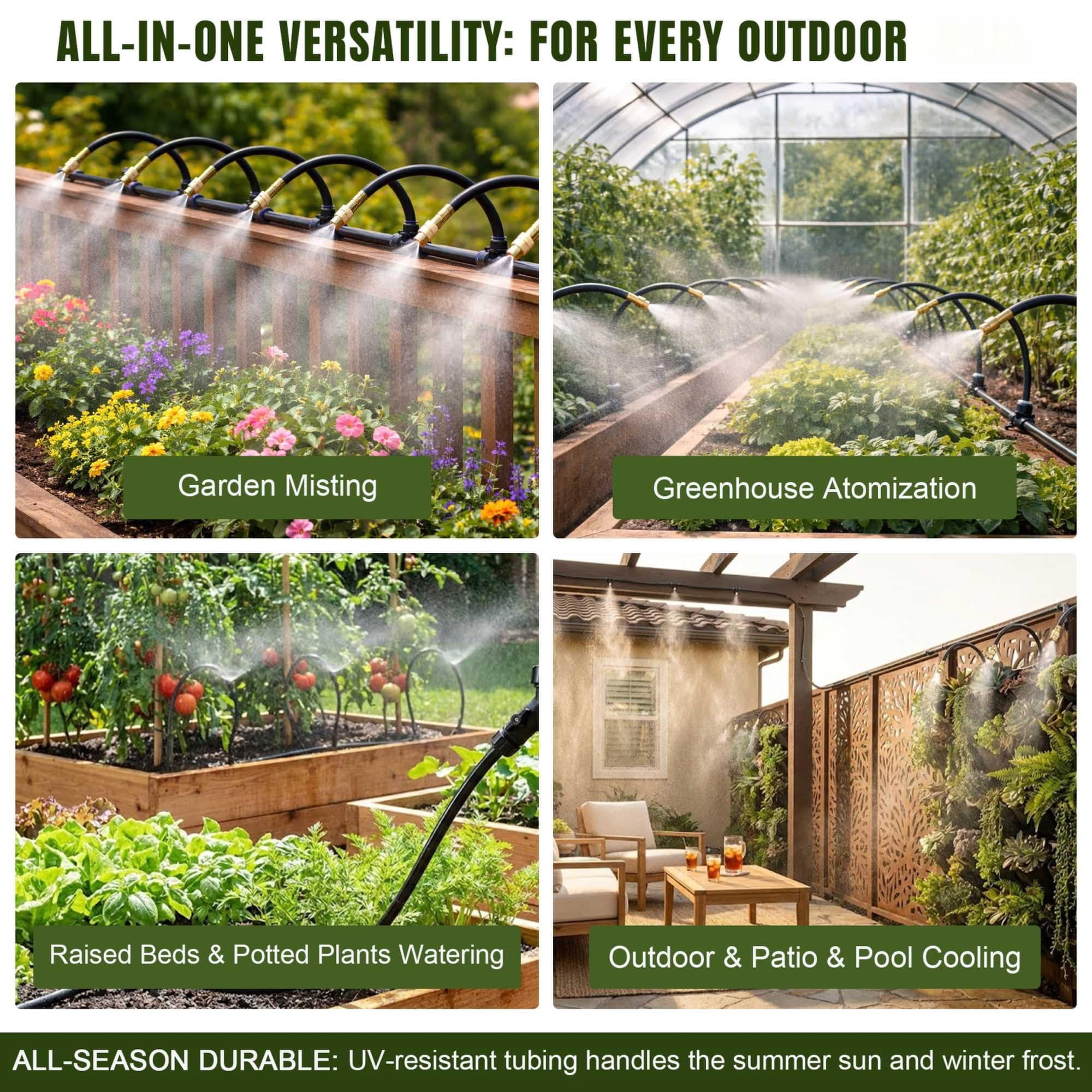 100ft Drip Irrigation System Kit Dual-zone Garden Atomizing Watering With 30 Copper 360° Adjustable Bendable Nozzles Y-splitter  Leak-proof 1/4" Misting For Greenhouse Raised Beds