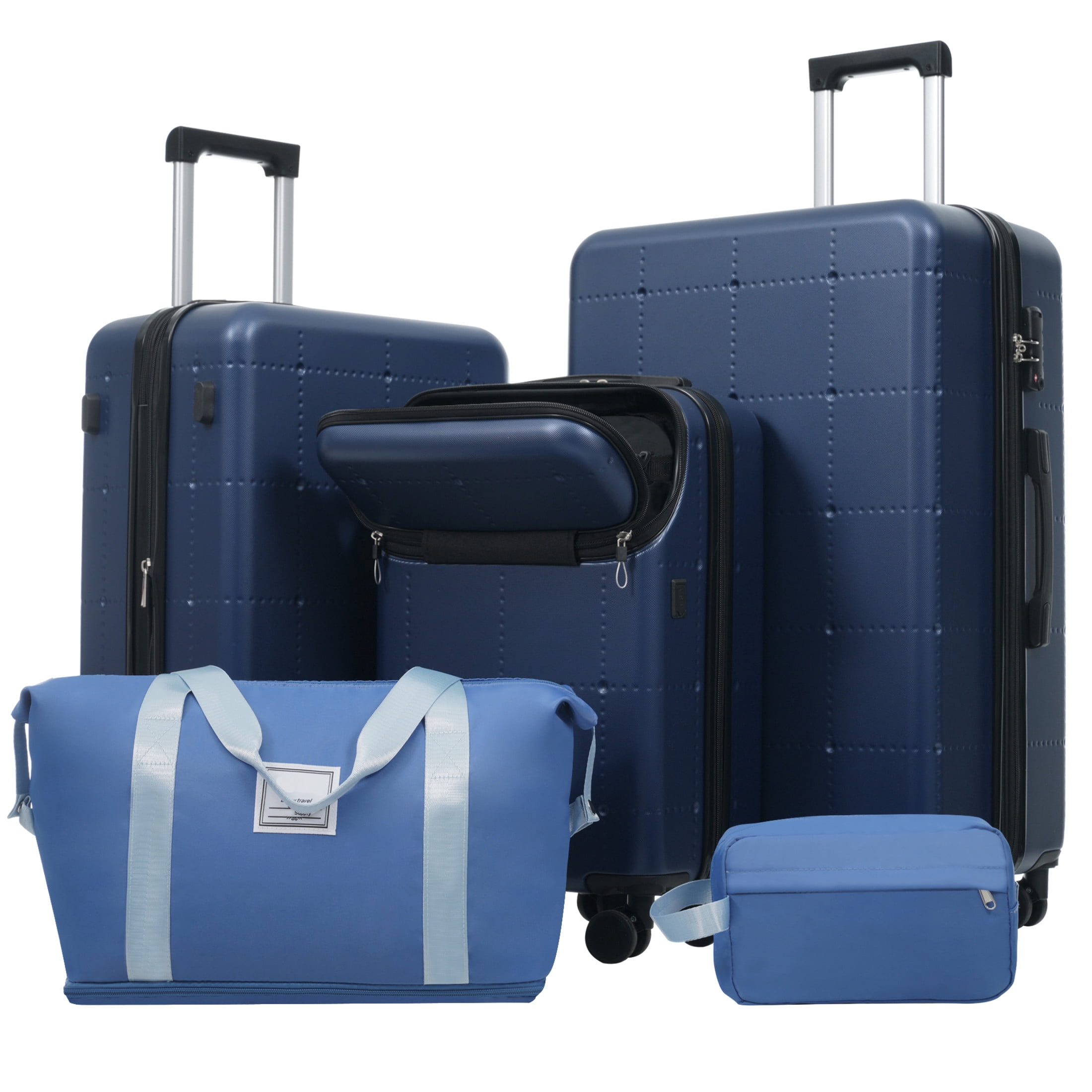 GDF Studio 5-Piece Hardside Luggage Set, Carry-On Suitcase with USB Port and Checked Bags, Spinner Wheels, Blue