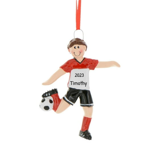 Ornaments by Elves Personalized Soccer Christmas Ornament Brunette Boy Soccer Player in Red .25lbs