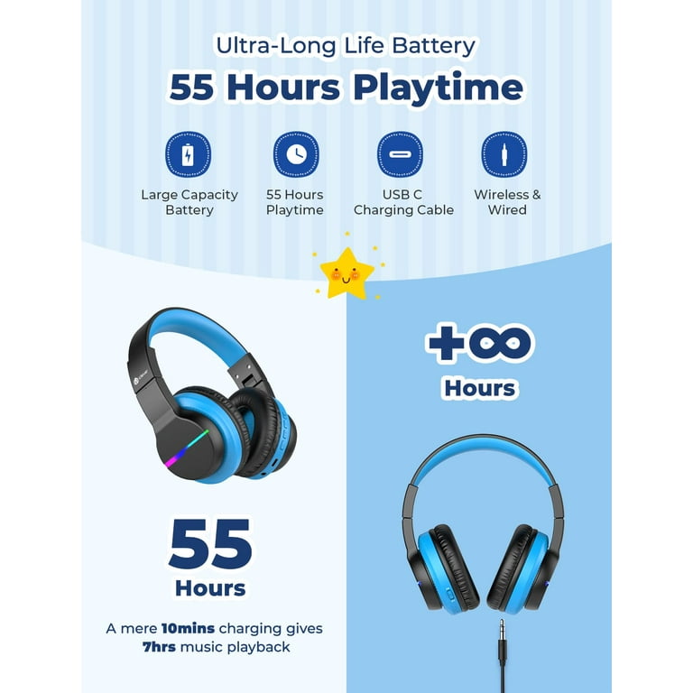 iClever BTH12 Kids Headphones Colorful LED Lights Kids Wireless
