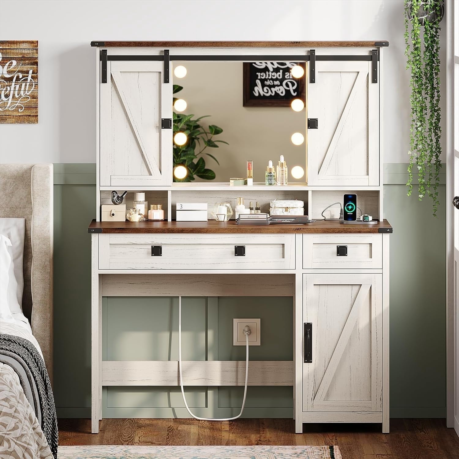 Aogllati Farmhouse White Vanity Table with Lights, Mirror, and Storage